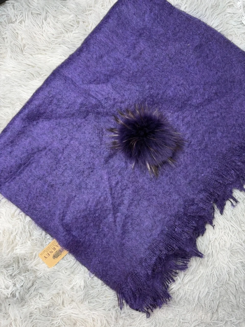 Blarney Woolen Mills Blarney Heritage Purple Mohair Blend Scarf Pom Fringe NWT